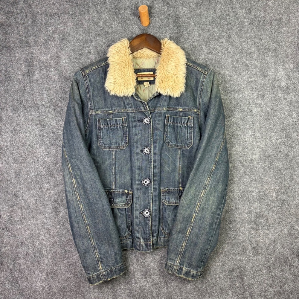 Abercrombie & Fitch Denim Jacket Womens L Blue Faux Fur Collar Quilted Lined Y2K